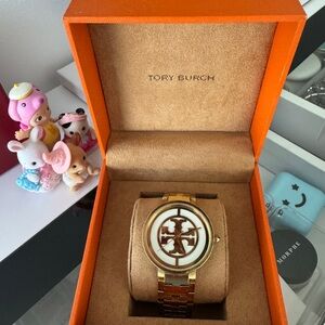 Tory Burch Gold and White Logo Watch